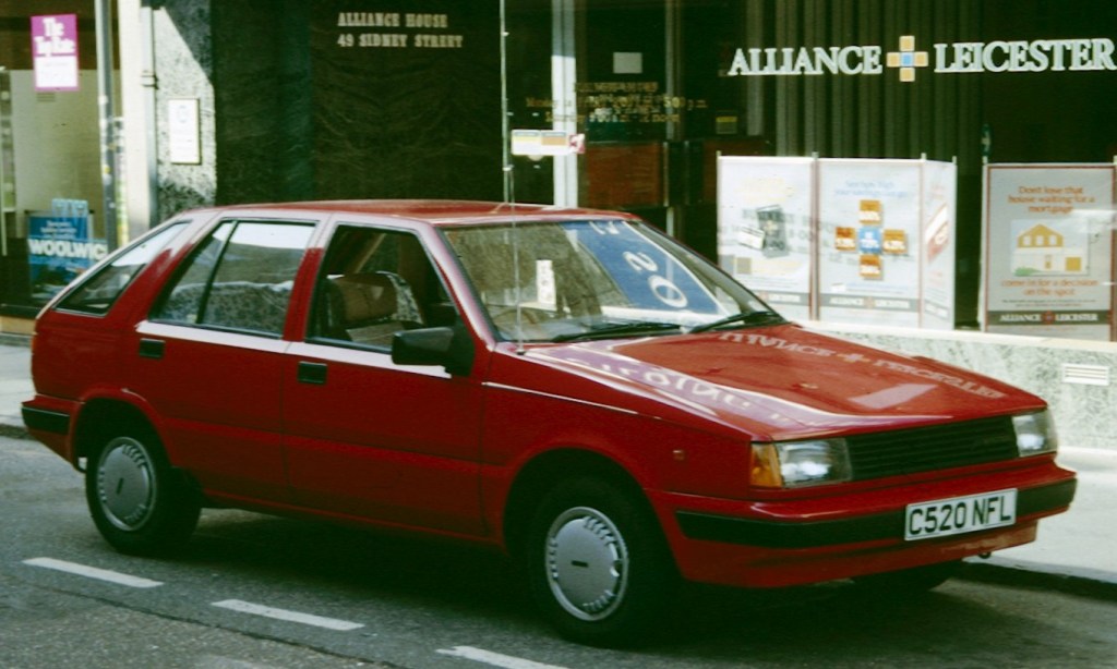 A Hyundai Pony hatchback parked on a street in Cambridge, UK, in 1986