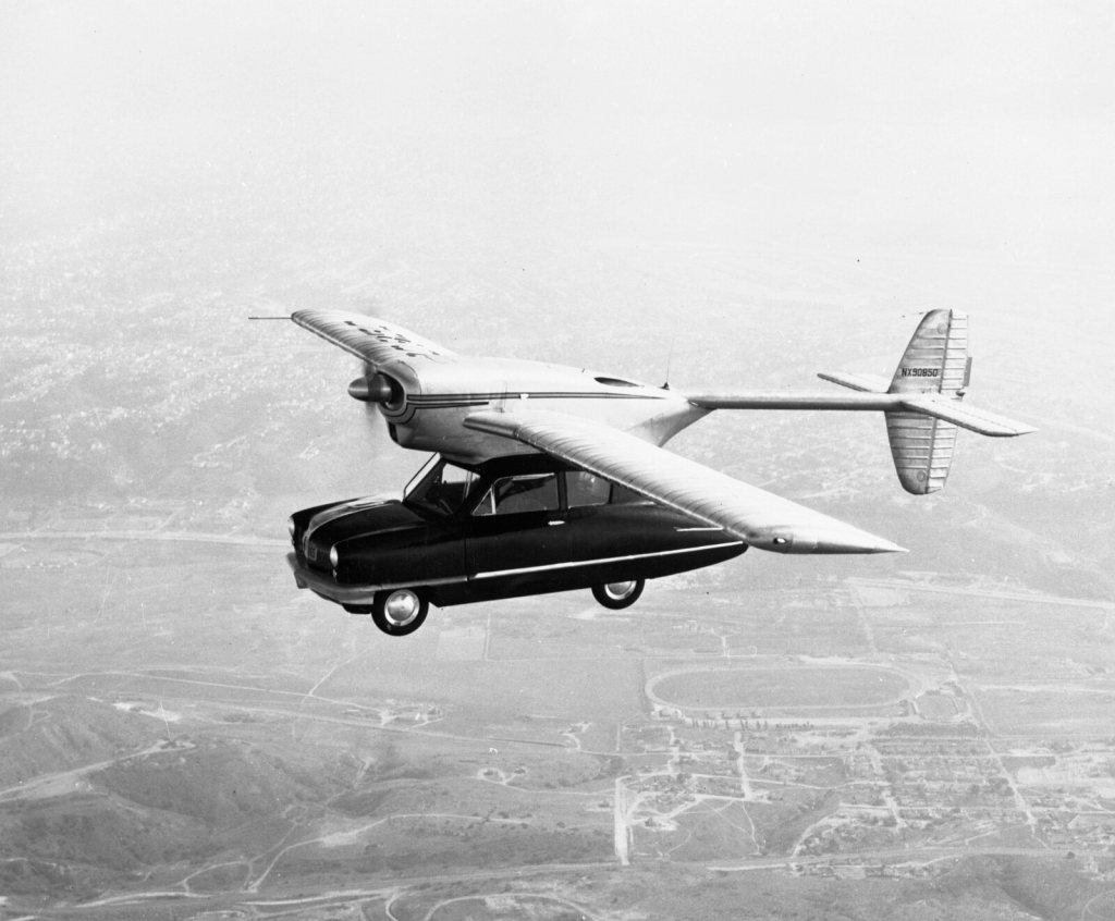 The Convair Model 118 ConvAirCar, a 1947 flying car with a wing and propeller unit mounted on top of a small car body