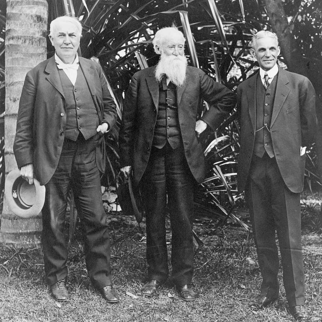 Thomas Edison, naturalist John Burroughs and Henry Ford photographed together