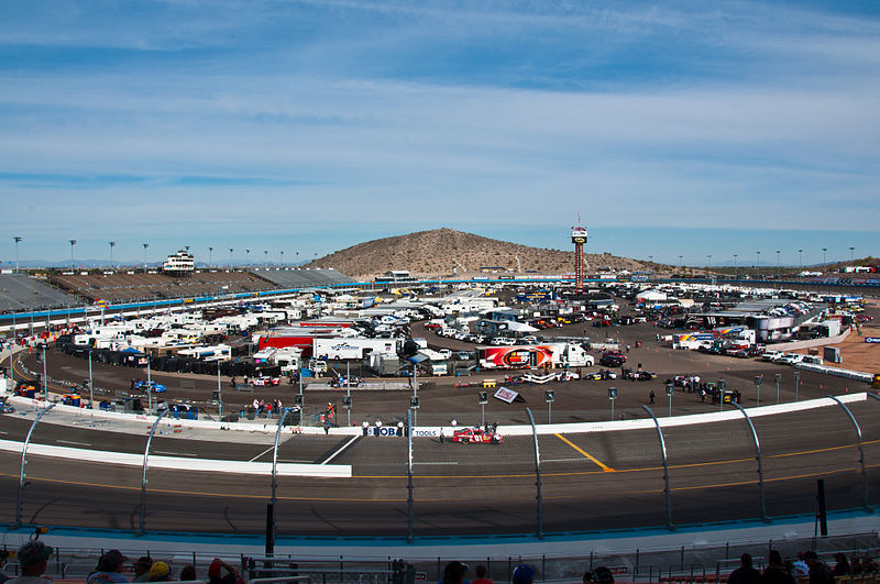 Aerial-style view of Phoenix Raceway, the one-mile oval in Avondale, Arizona, during a November 2011 NASCAR weekend