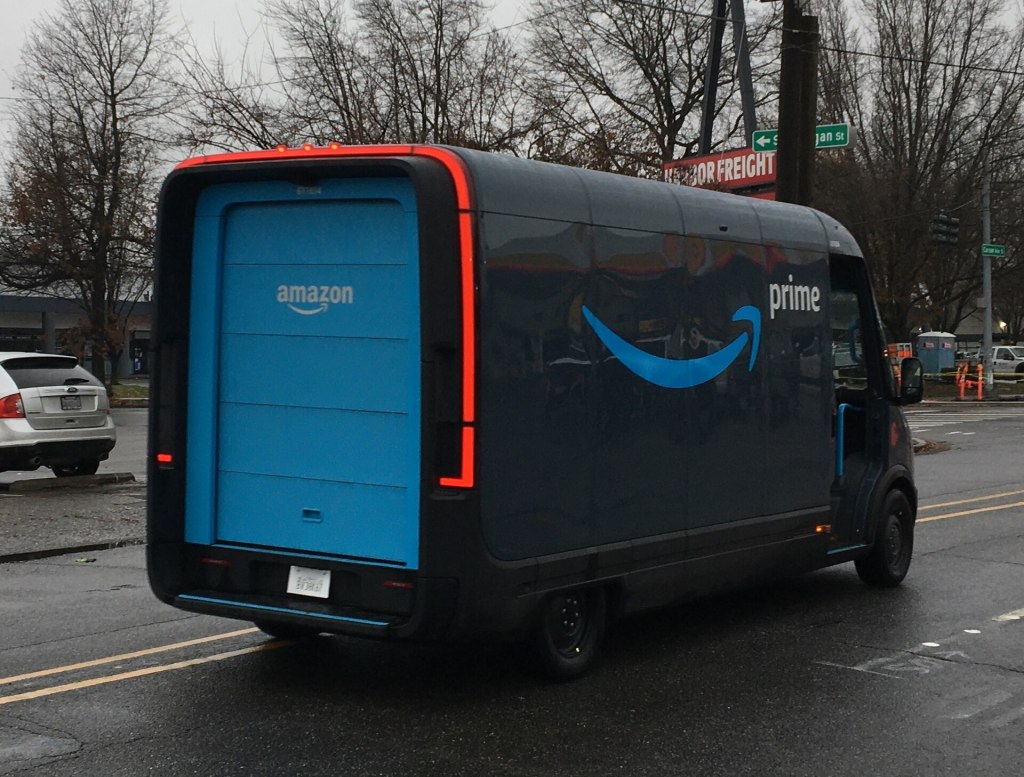 Rear view of a Rivian EDV 700 electric delivery van