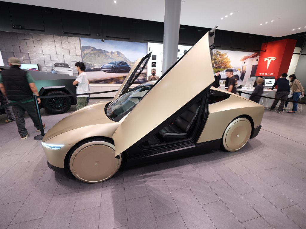 Tesla Cybercab two-seat robotaxi on display at Santana Row, San Jose