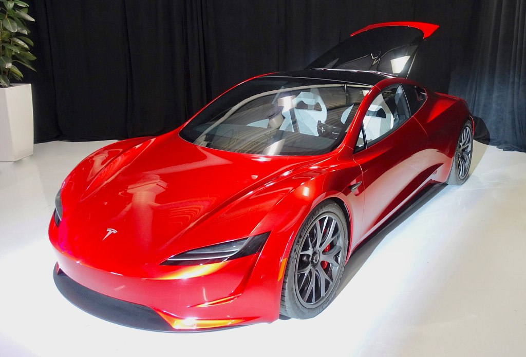 Red second-generation Tesla Roadster prototype on display