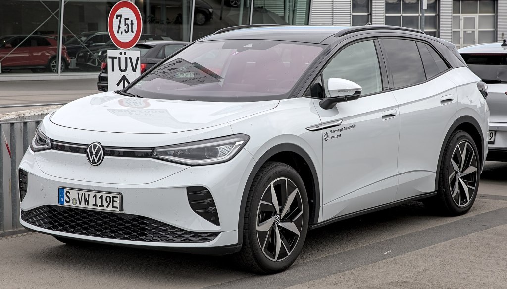 A Volkswagen ID.4 GTX electric SUV, front three-quarter view
